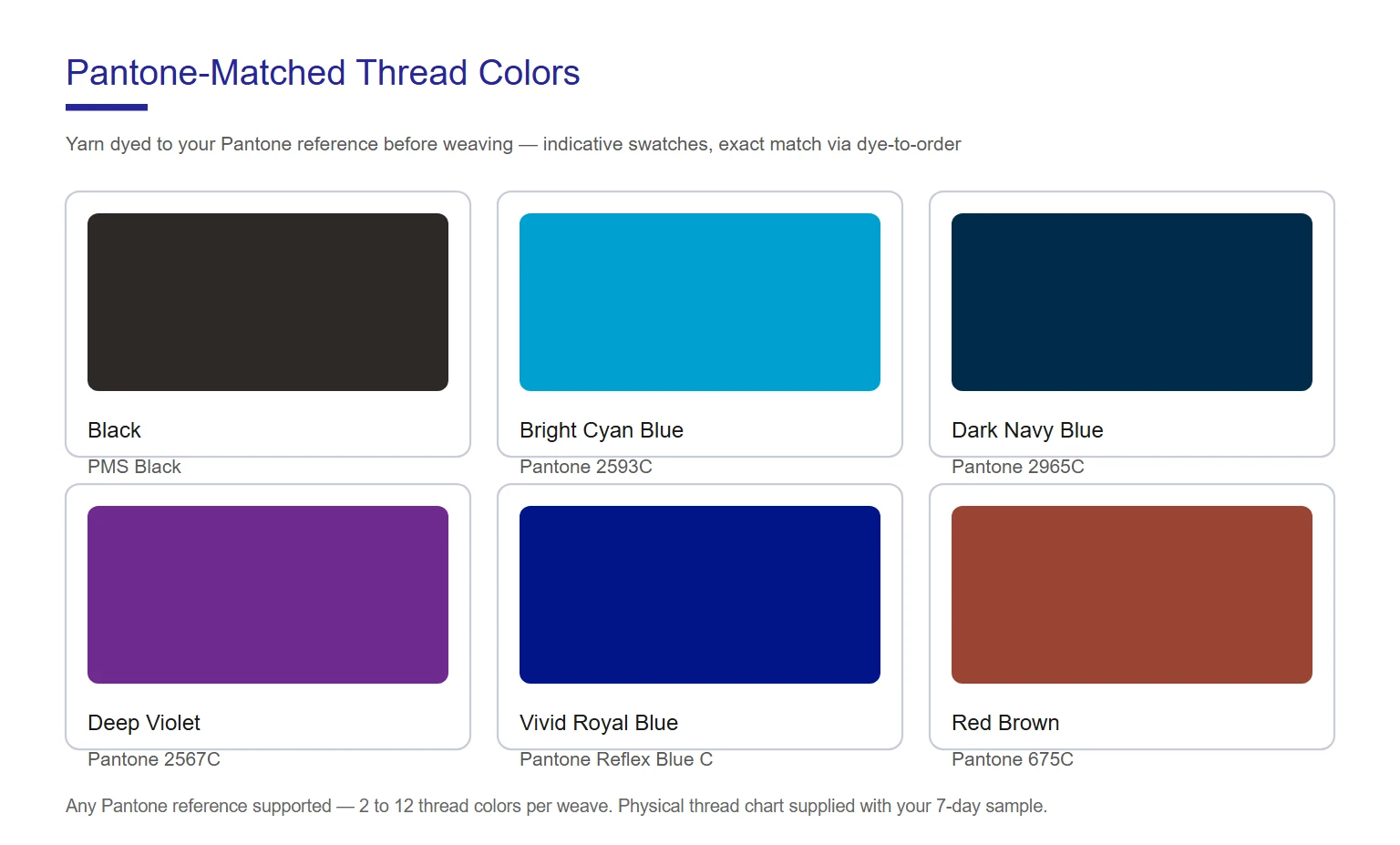 Pantone thread color card for custom woven wristbands including Black, Pantone 2965C, Reflex Blue C, 2593C, 2567C and 675C