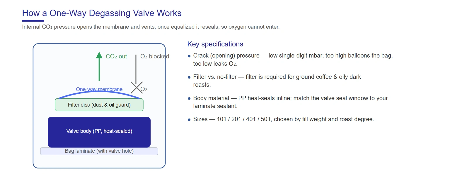One-way degassing valve mechanism — how a coffee bag valve vents CO2 and blocks oxygen