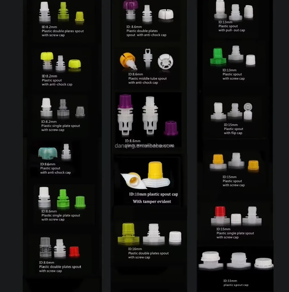 Spout types for daily chemical bags — plastic single and double plate spouts with screw, flip and anti-choke caps
