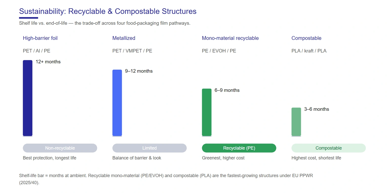 Food packaging sustainability diagram — high-barrier, recyclable mono-material and compostable structures