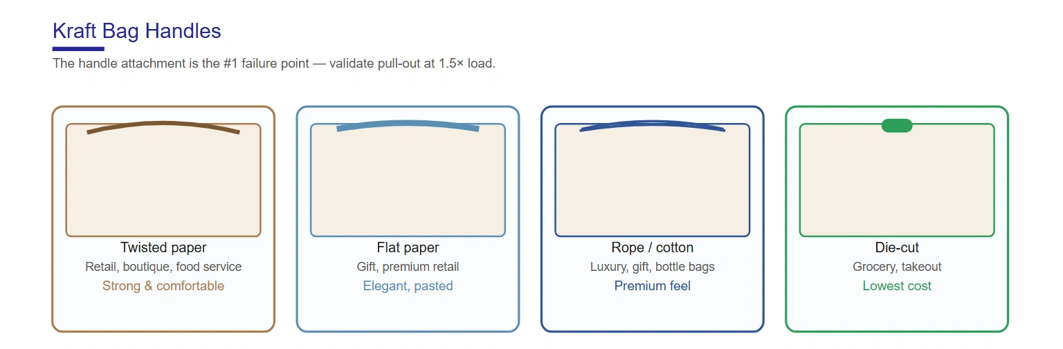 Kraft bag handles — twisted paper, flat paper, rope and die-cut handles