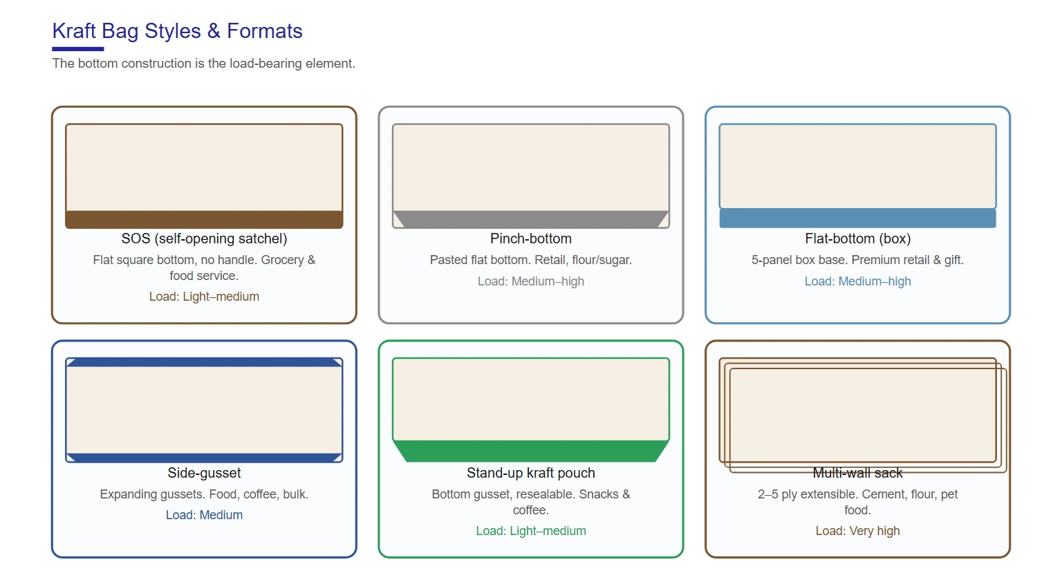 Kraft bag styles — SOS, pinch-bottom, flat-bottom, side-gusset, stand-up and multi-wall sack