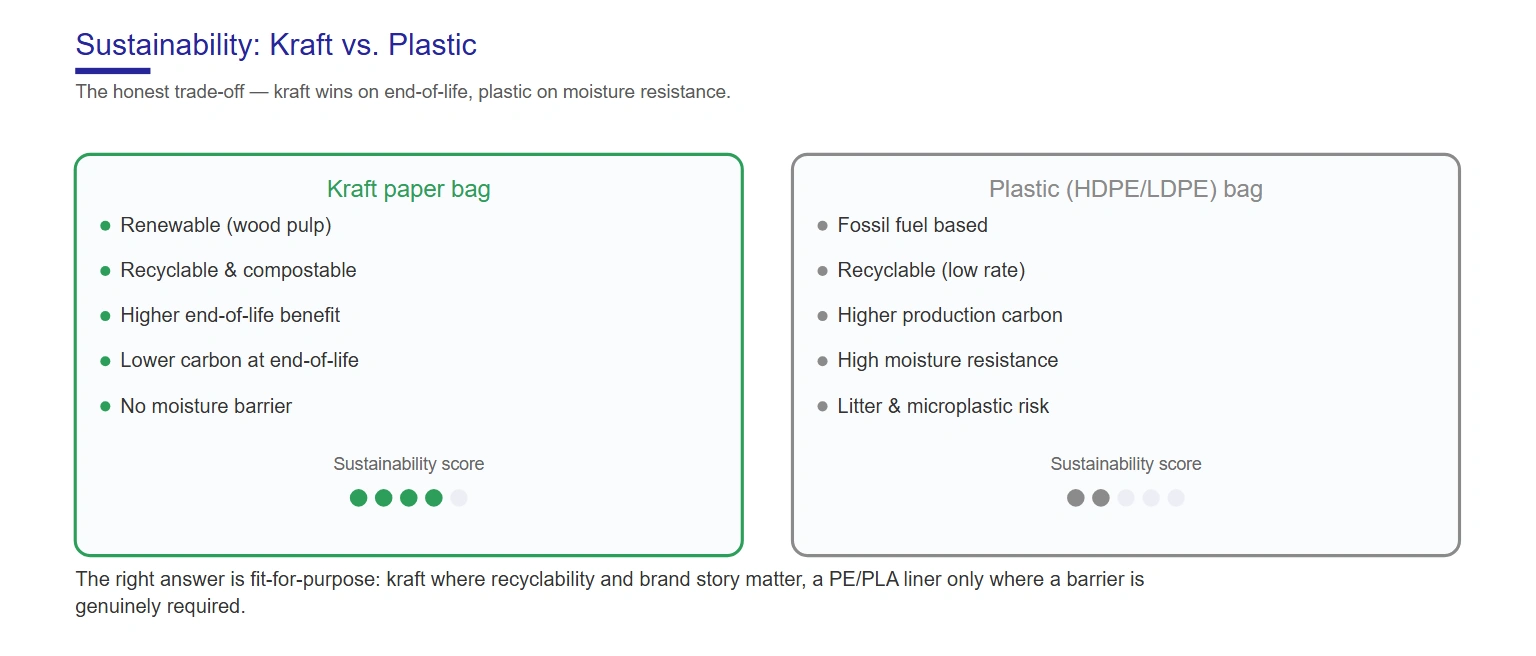 Kraft paper bag sustainability — renewable recyclable kraft versus plastic bags