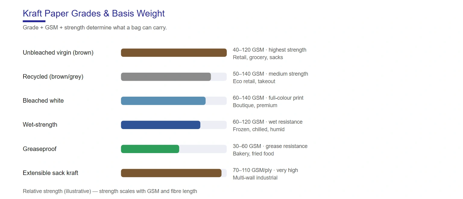 Kraft paper grades — virgin, recycled, bleached, wet-strength and greaseproof with GSM ranges